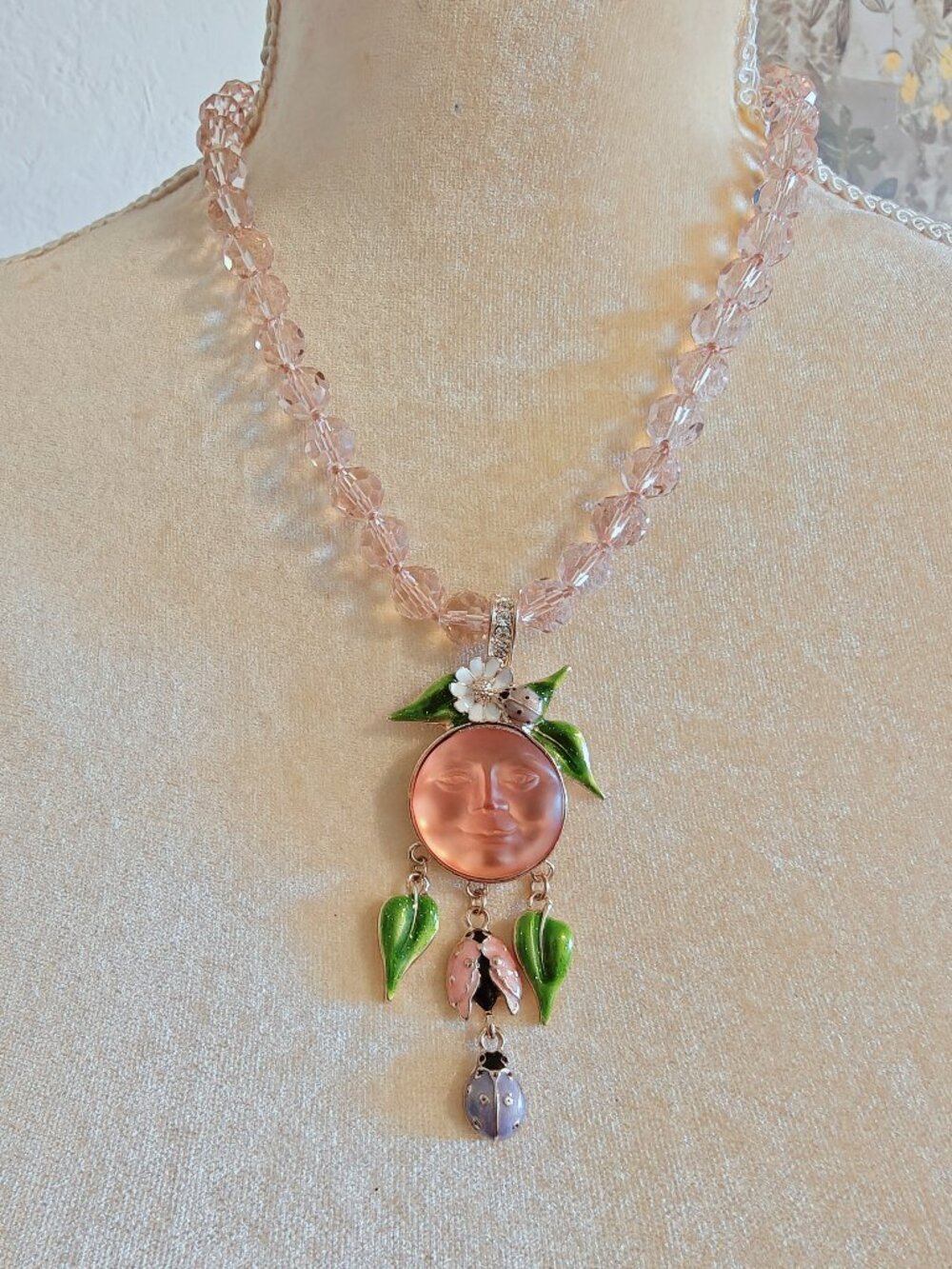 Kirk’s Folly Pink Crystal Moon Face Ladybug Enamel Necklace 16–19" - Picture 2 of 5